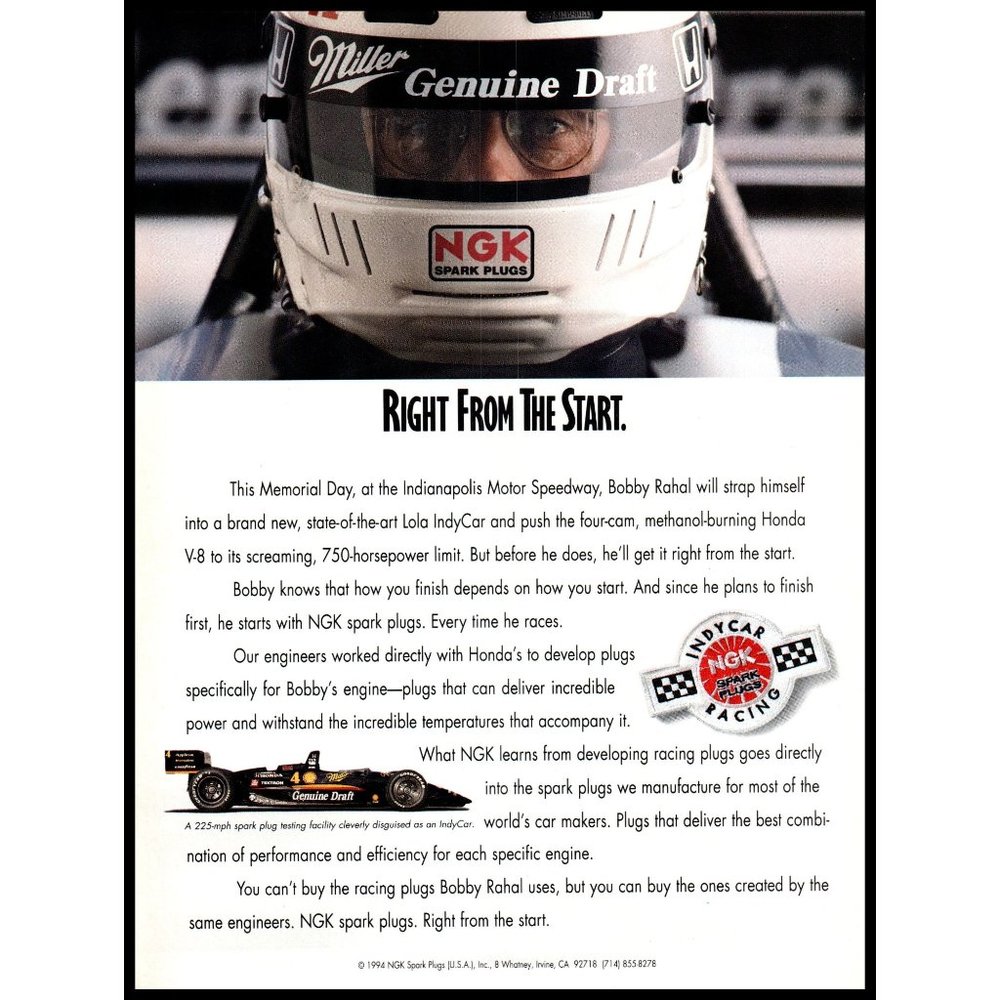 1994 NGK Spark Plugs Indy 500 Bobby Rahal Race Car Vintage Print Ad Wall Art